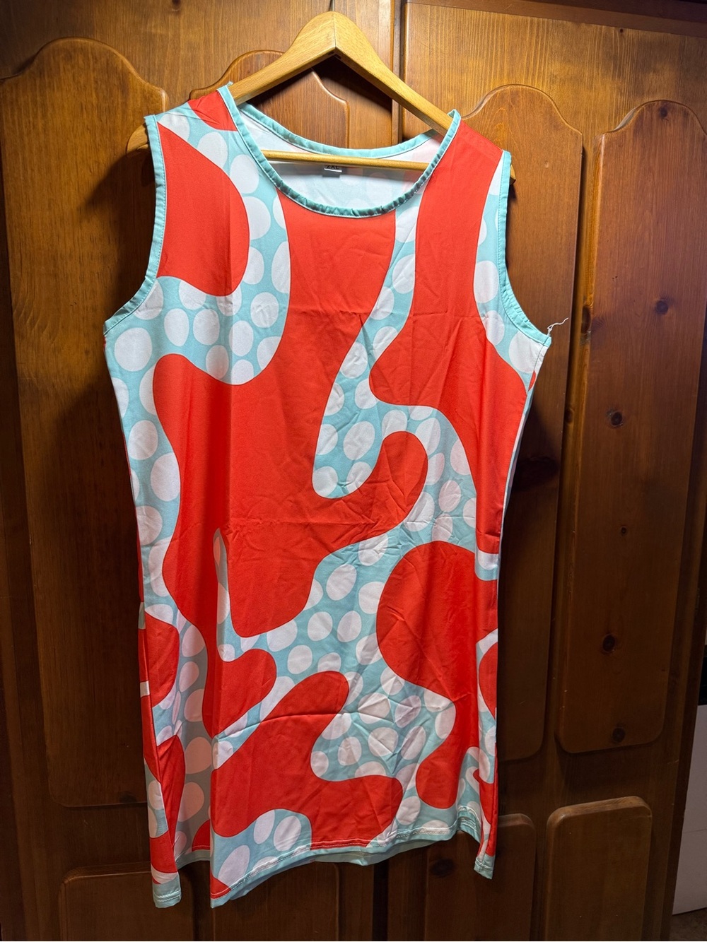 Sleeveless Midi Dress in Orange and Light Blue - Bold Abstract Print